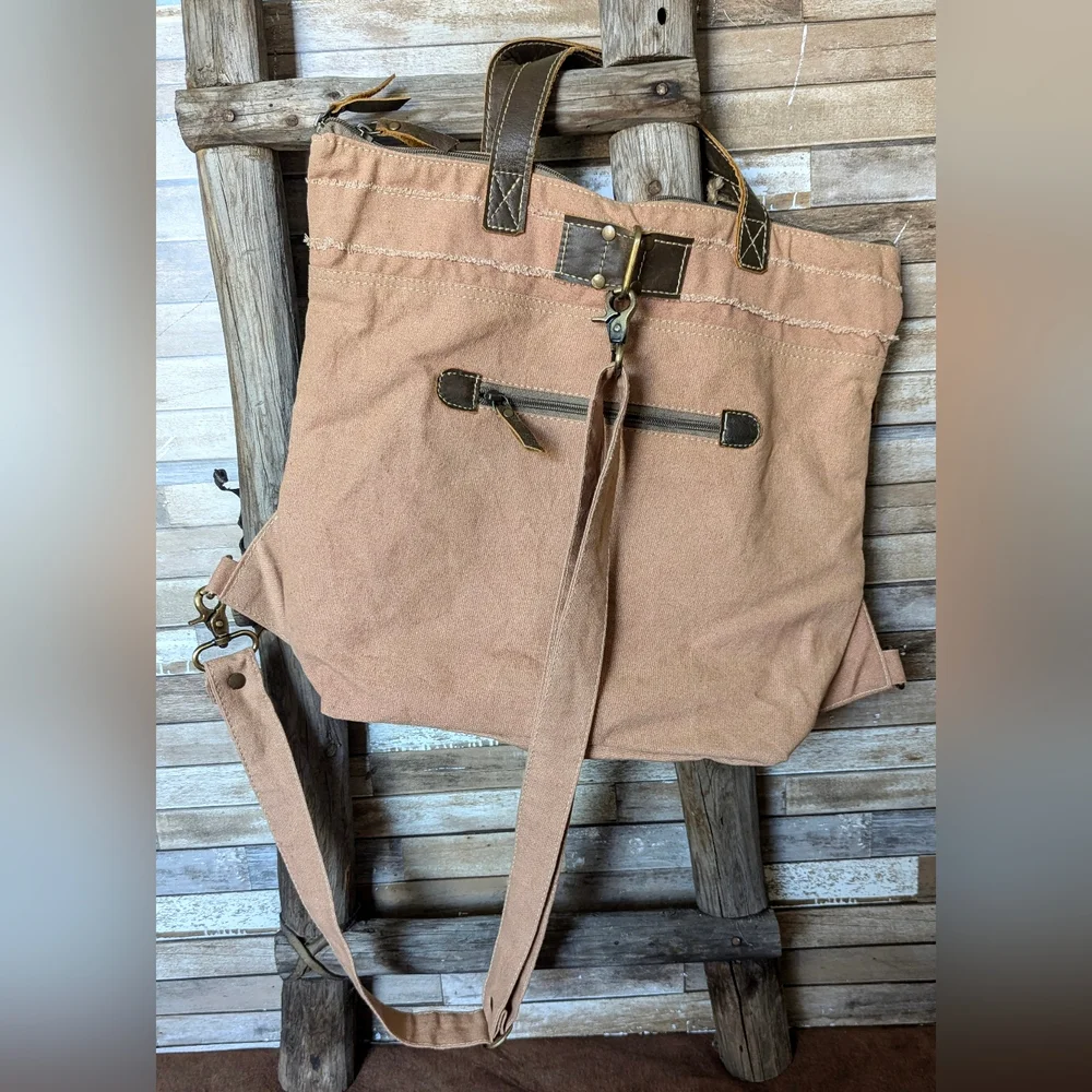 NWT Clea Ray Canvas Slip Strap Left Or Right Paris Bag With Leather Handles - Picture 7 of 14